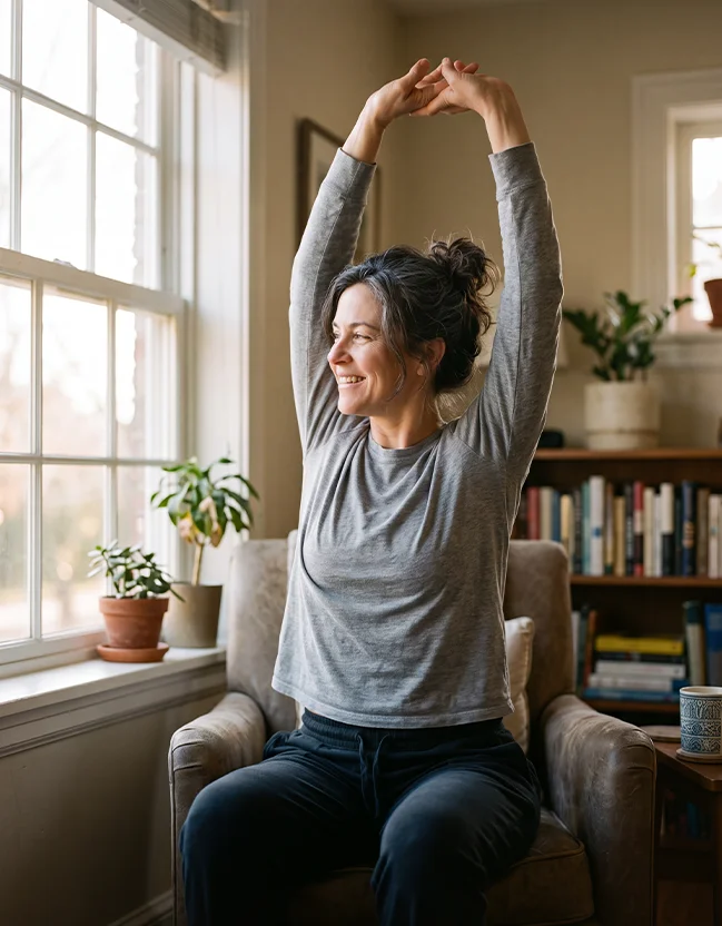 Woman sitting in an armchair stretching her arms above her head by a window with plants nearby.