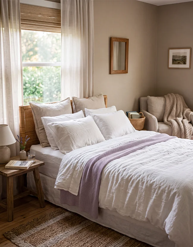 Cozy bedroom with white bedding, lavender throw, wicker headboard, and soft natural light from window.