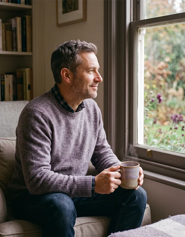 Man in gray sweater sitting by a window, holding a mug, looking outside thoughtfully.