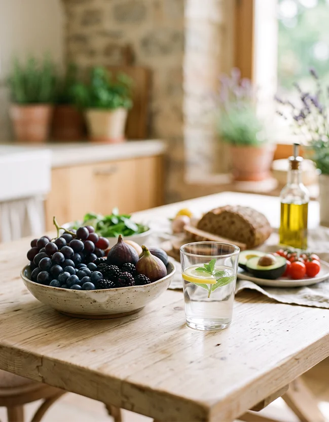 Wooden table with a bowl of grapes, figs, blackberries, glass of lemon water, avocado, bread, and tomatoes.