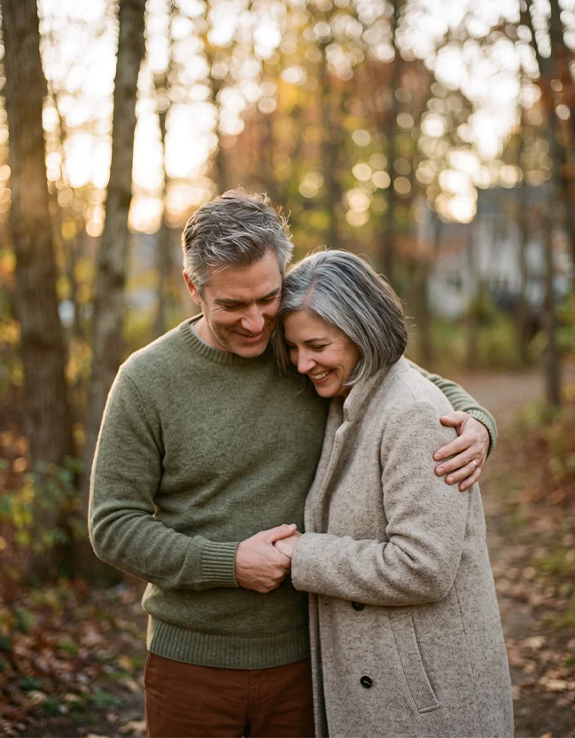Middle-aged couple embracing and smiling in a wooded outdoor setting during autumn.