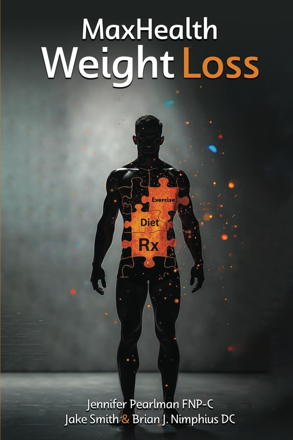 Silhouette of a man with puzzle pieces labeled Exercise, Diet, Rx on his torso under MaxHealth Weight Loss title.