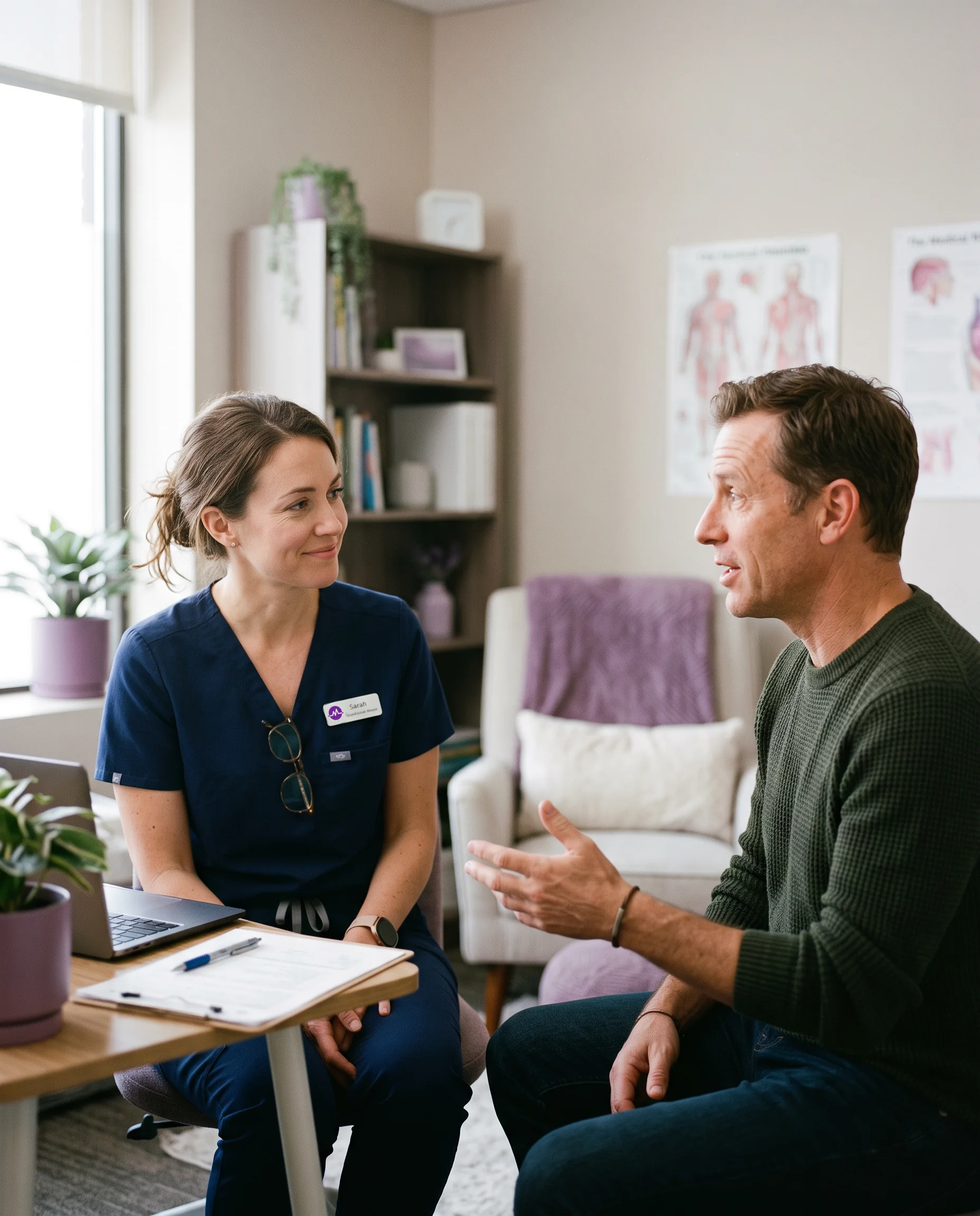 Healthcare professional in navy scrubs listens attentively to male patient in clinic room.