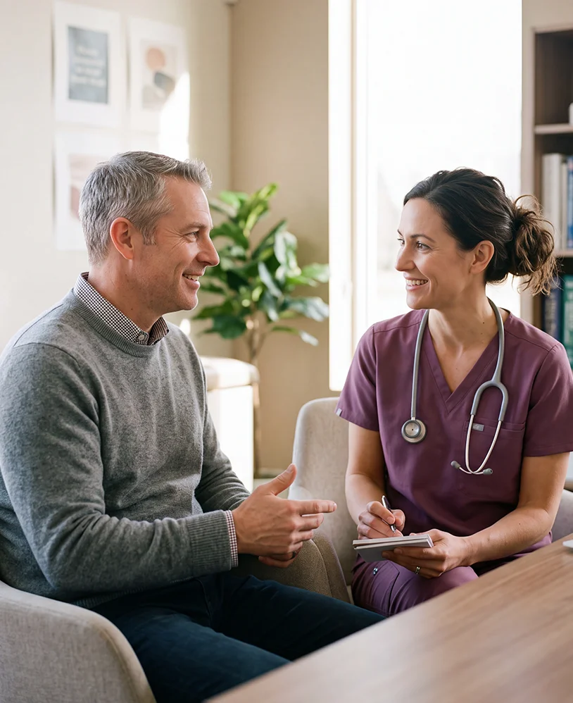 Female nurse in scrubs with stethoscope consulting smiling middle-aged man in a light room.