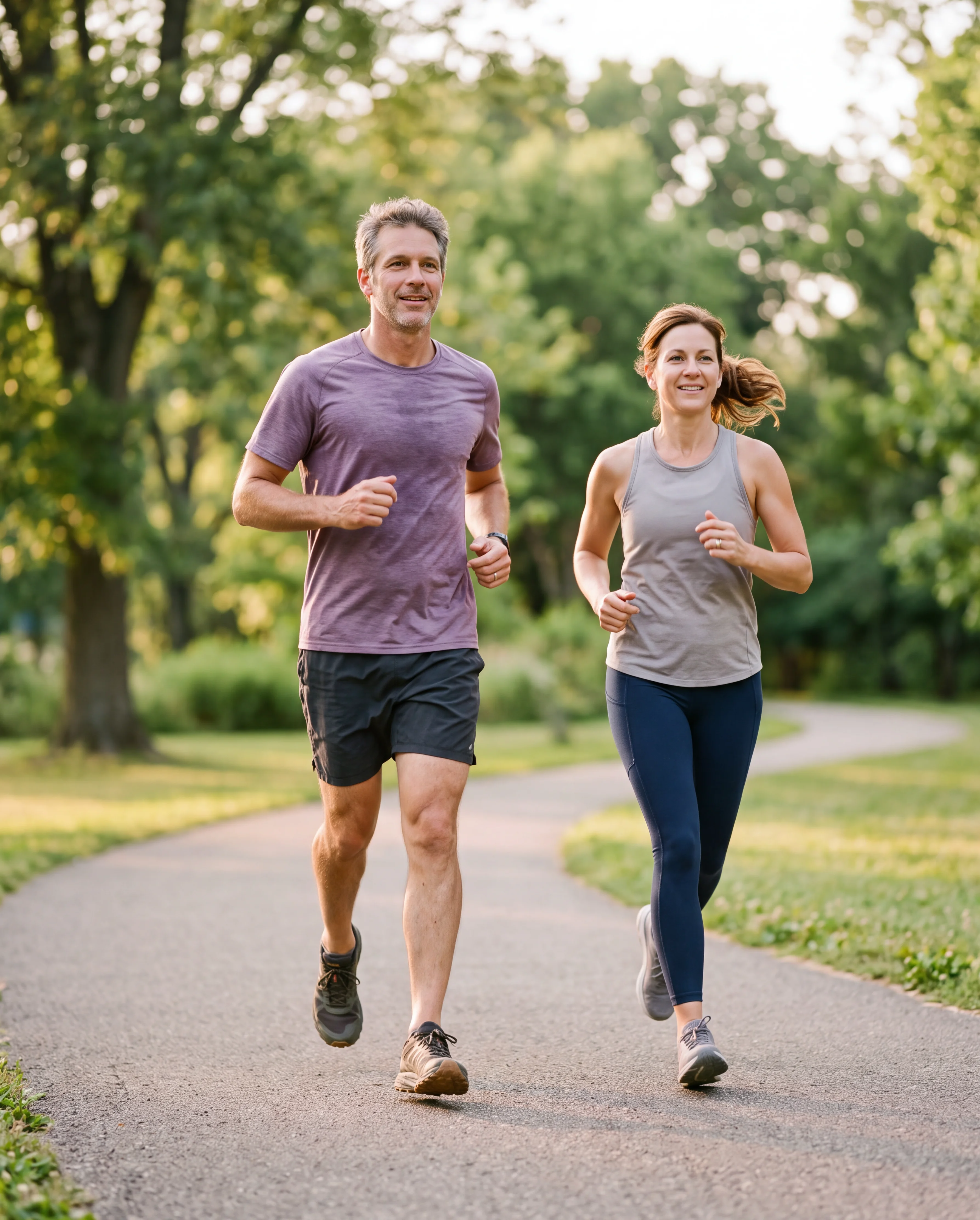 Man and woman jogging on a paved path through a green park with trees.
