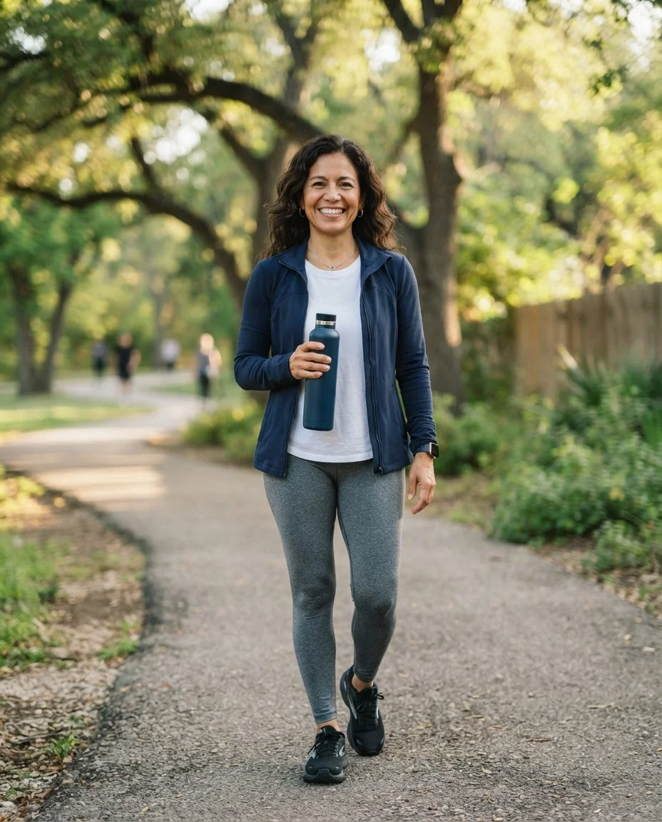 Woman pausing during a morning walk in a neighborhood park with a water bottle