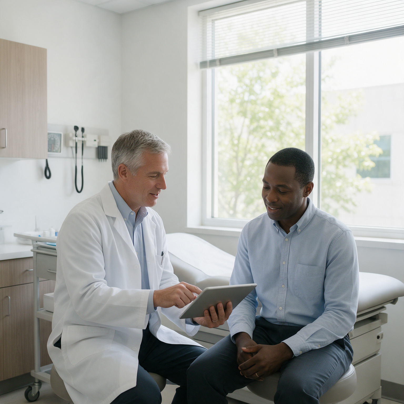 Physician reviewing a care plan on a tablet with a patient