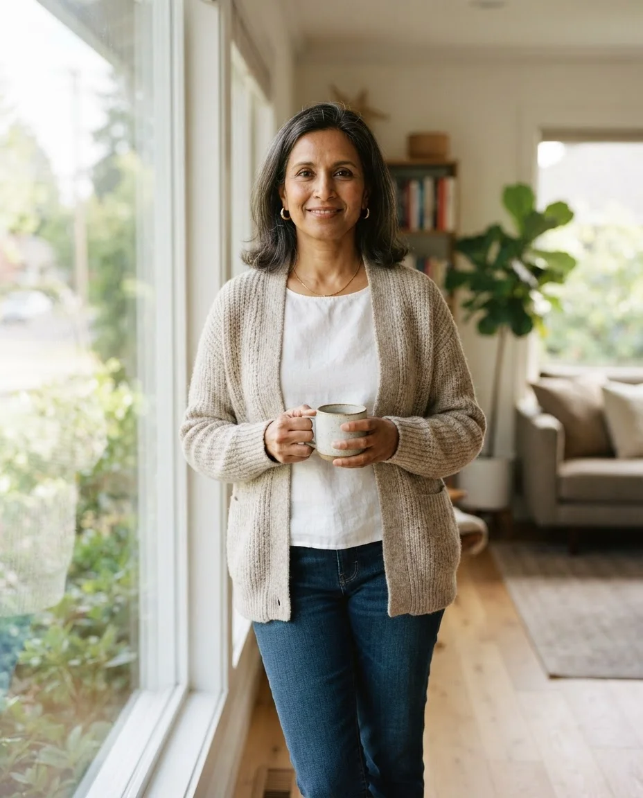 Woman standing by a sunny window at home holding a mug of tea