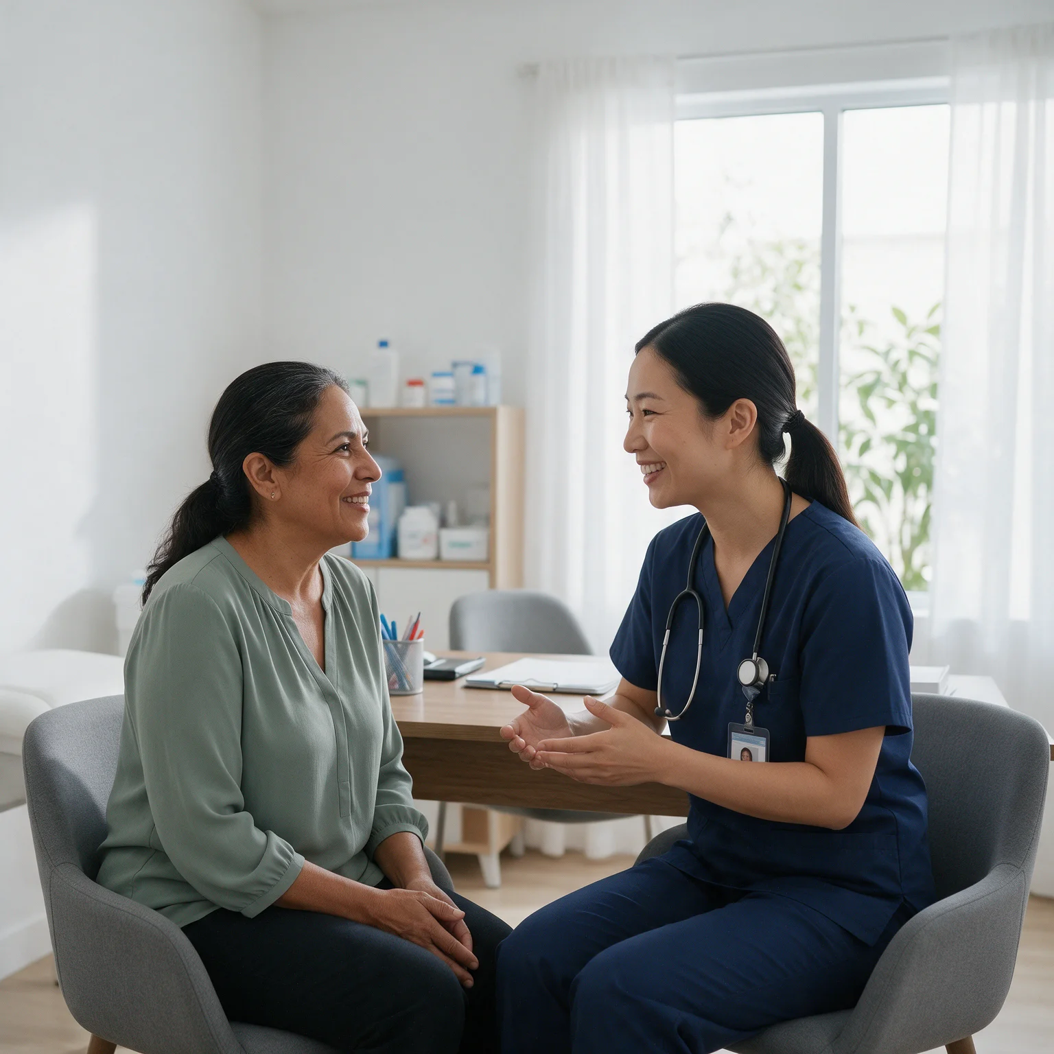 Woman talking with a nurse practitioner in a bright consult room