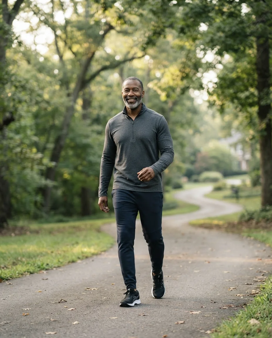 Man walking briskly on a tree-lined neighborhood path in the morning