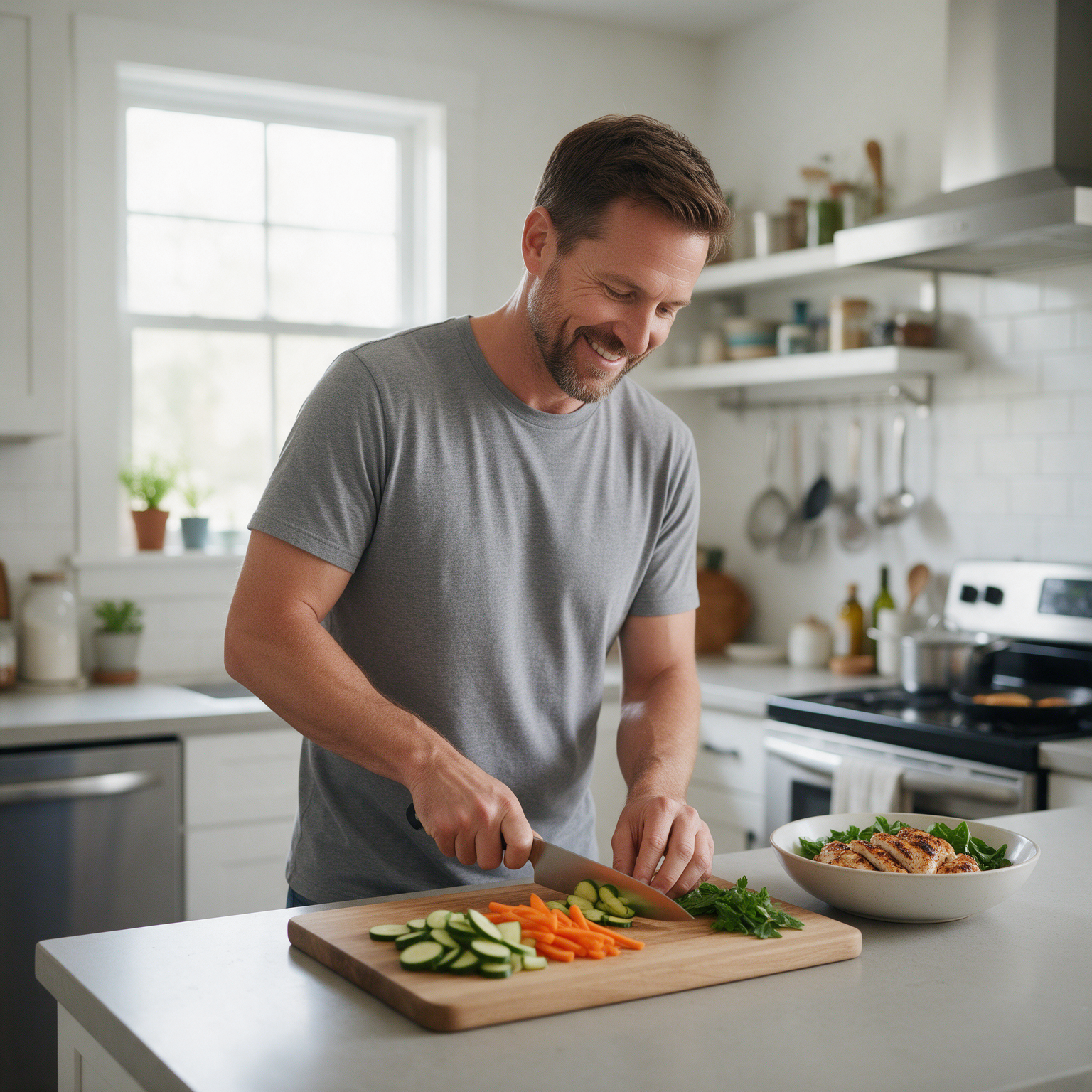 Man preparing a healthy meal in his kitchen
