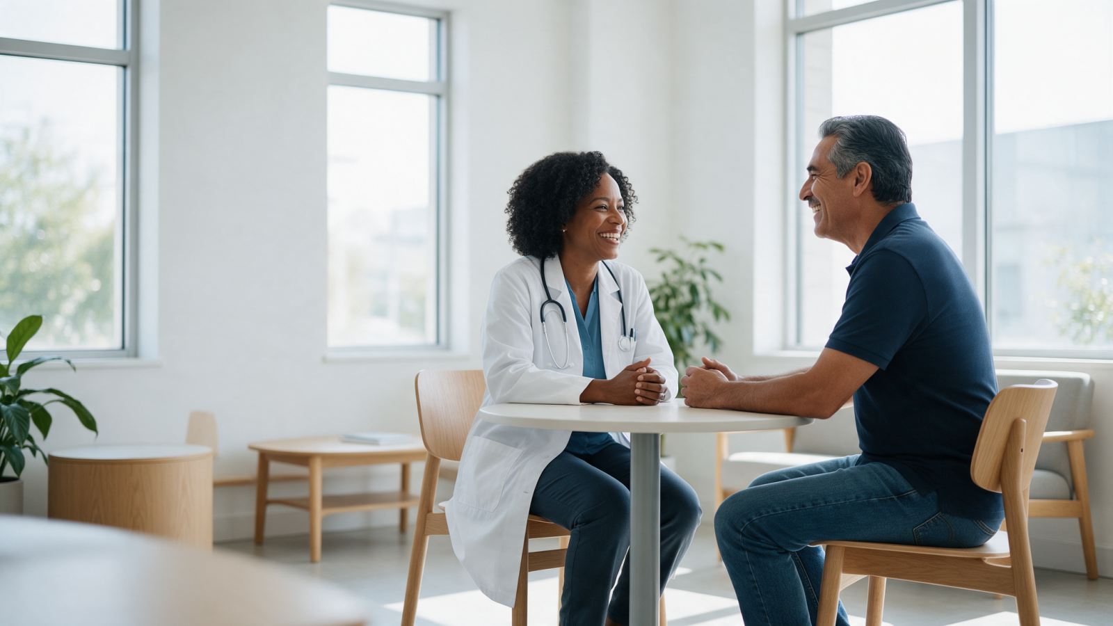 Physician and patient talking in a bright MaxHealth clinic