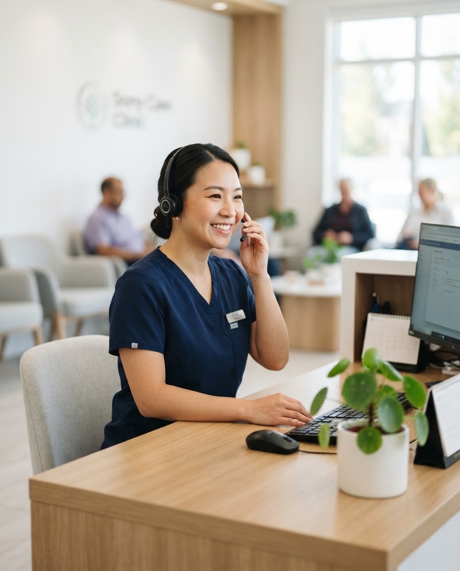 MaxHealth care coordinator answering a patient call at the front desk