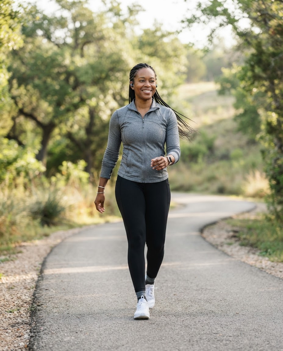 Woman walking briskly on a greenbelt trail in the morning