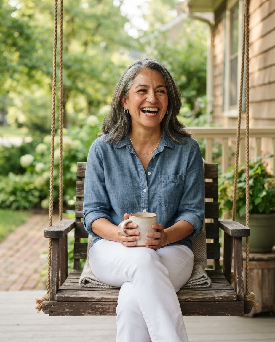 Woman laughing on her front porch with a morning coffee