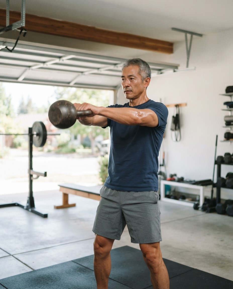 Man doing a kettlebell workout in a bright home gym