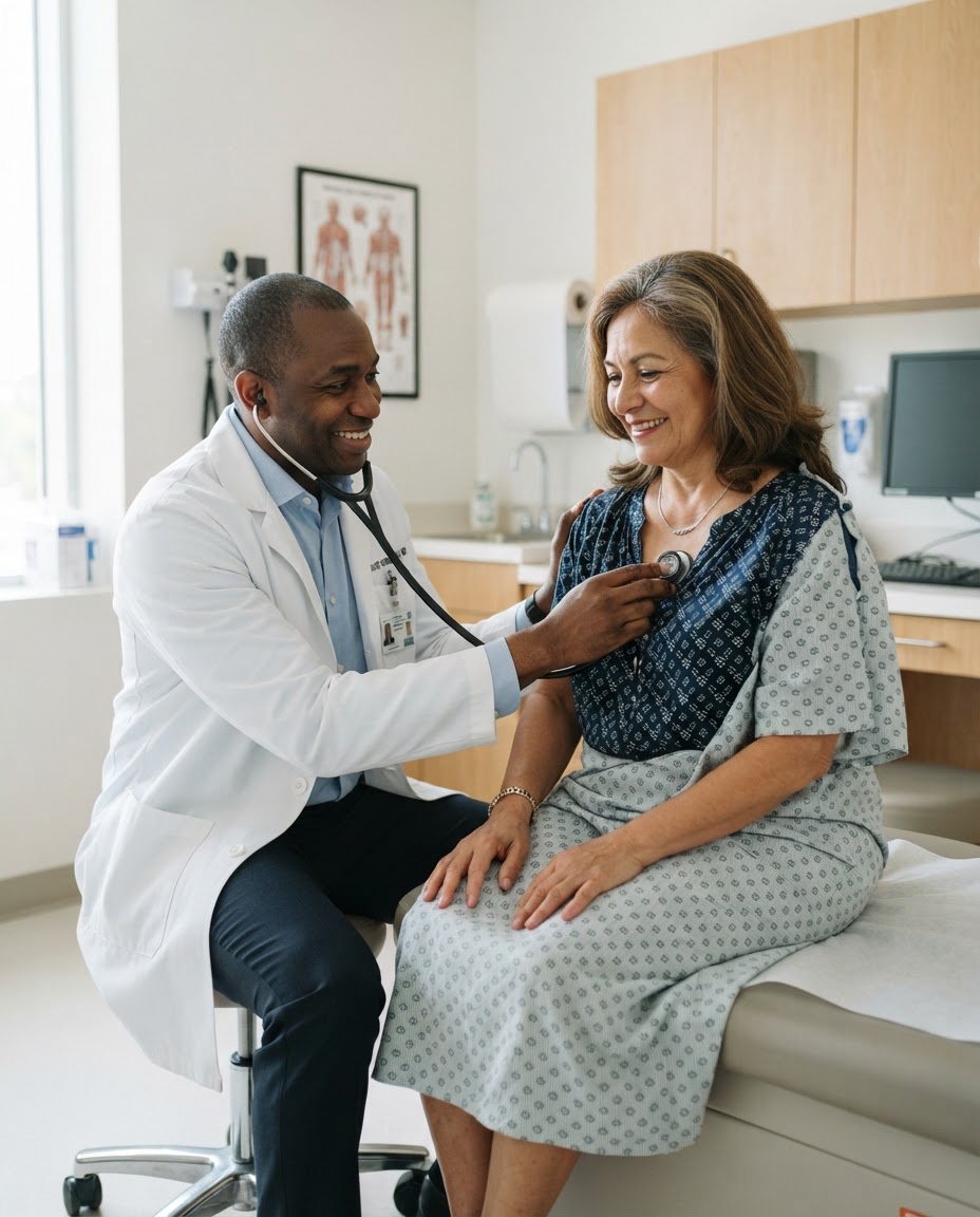 Physician checking a patient with a stethoscope during an on-site visit
