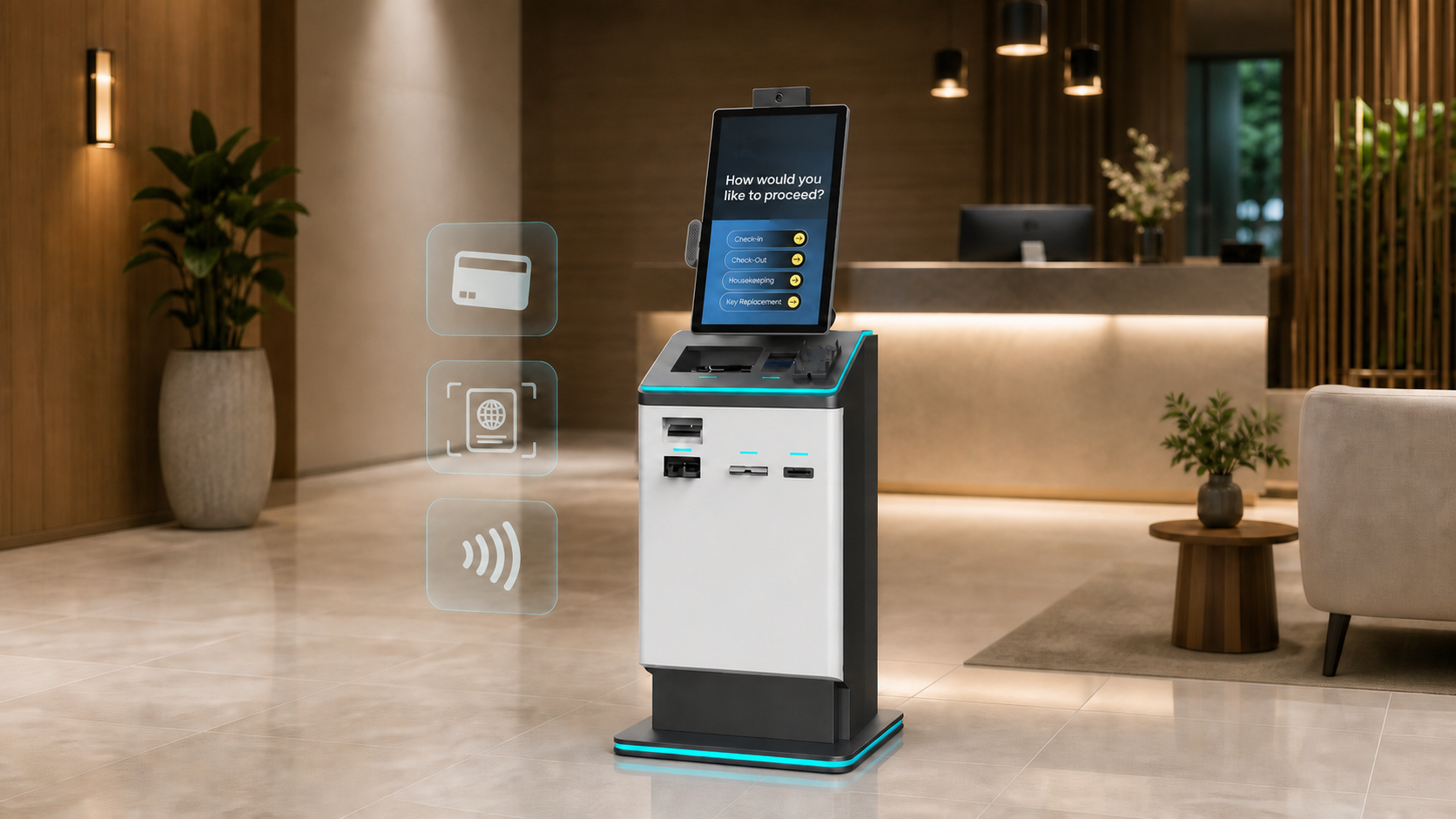 Kiotel self-check-in kiosk for hotel guest arrivals