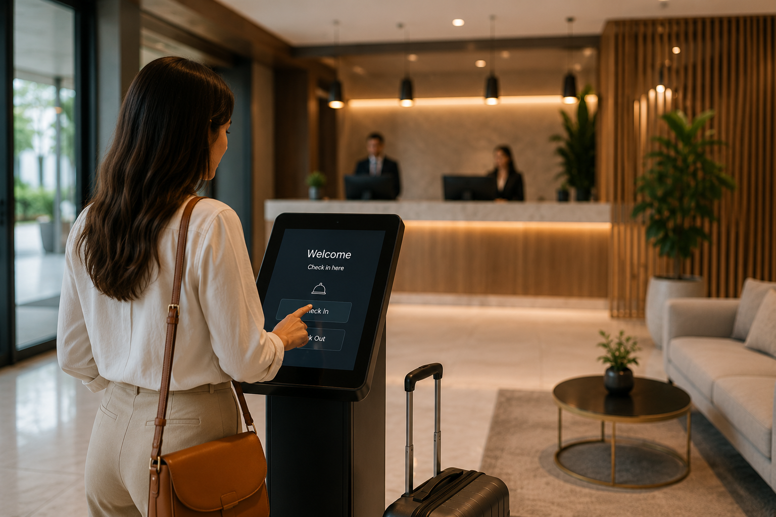 Hotel guest using a virtual hotel receptionist and self-service check-in kiosk in a modern hotel lobby
