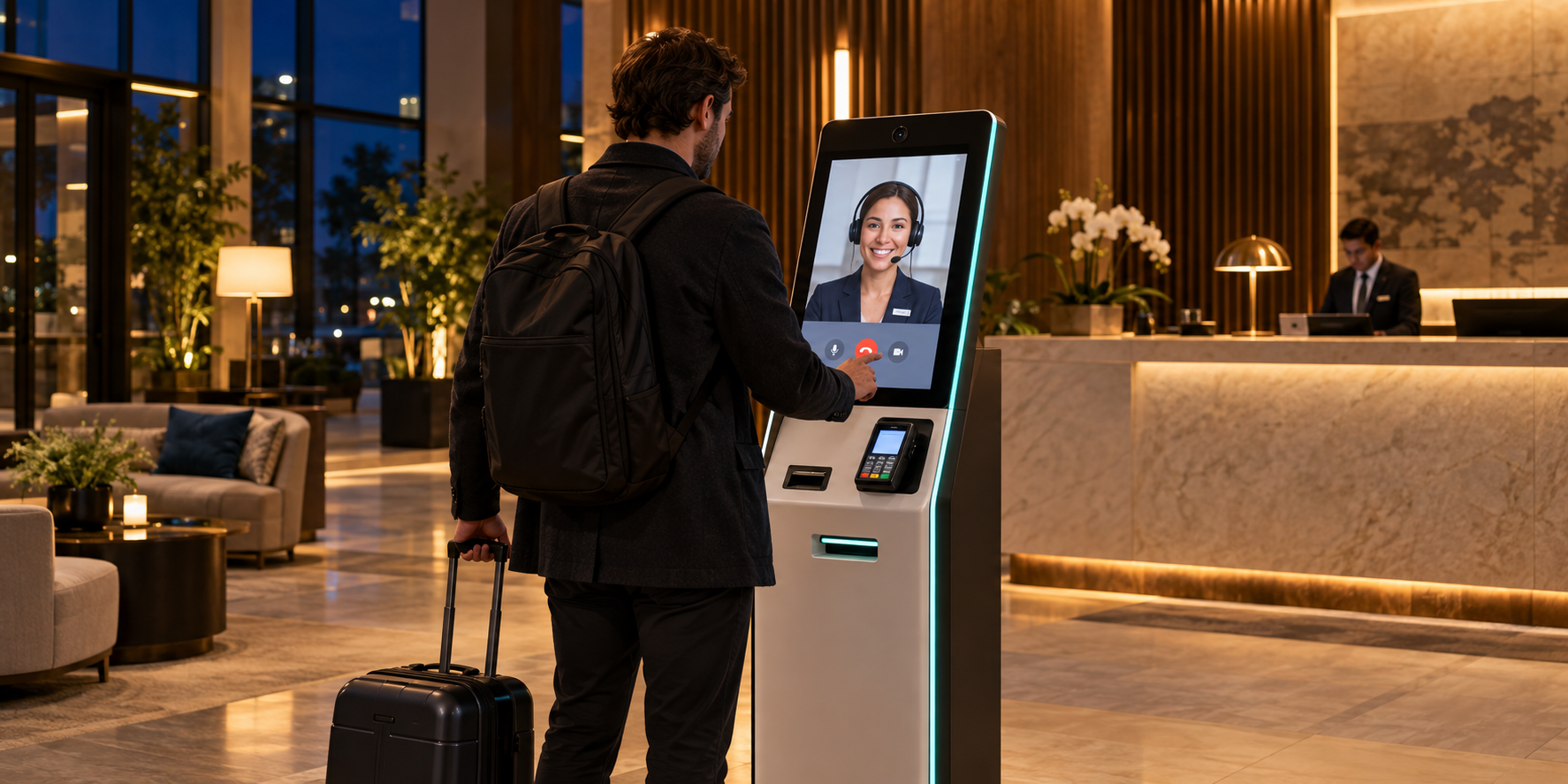 Guest with luggage using a hotel check-in kiosk to speak with a live remote agent in a warmly lit lobby at night.