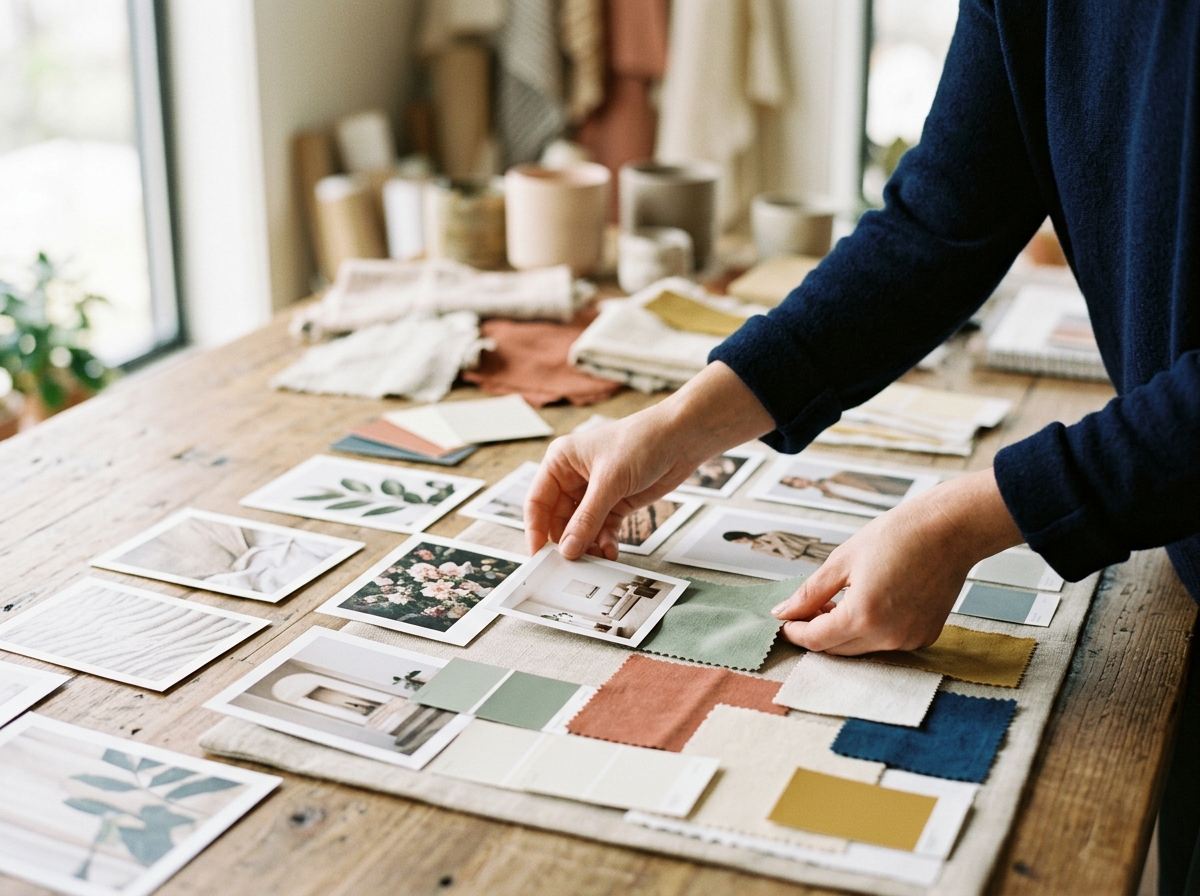 Designer's hands arranging printed brand mood board photos and color swatches on a desk