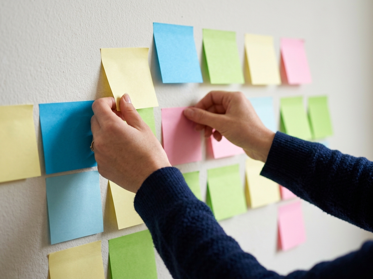 Close-up of hands adjusting sticky notes on a wall to outline a page's content structure
