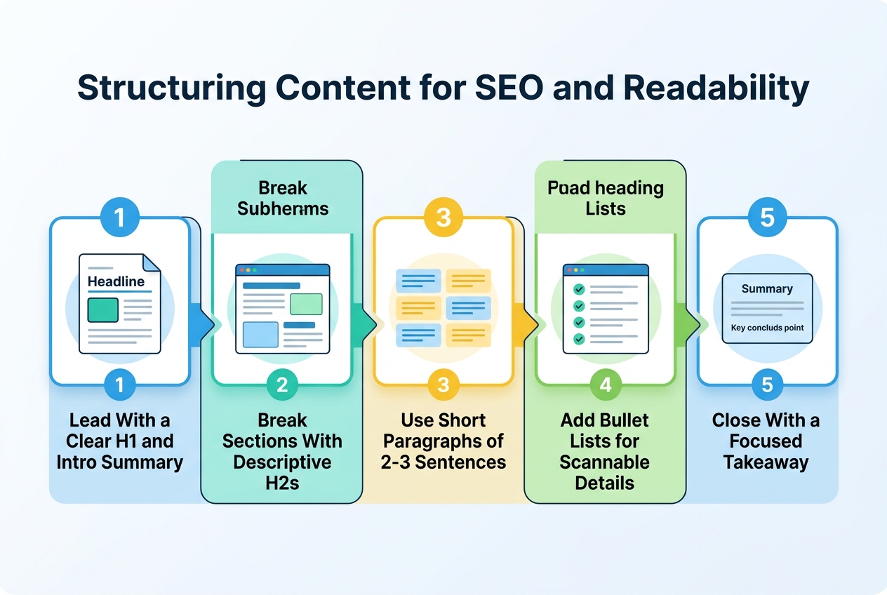 Infographic: A 5-step process flow titled 'Structuring Content for SEO and Readability'
