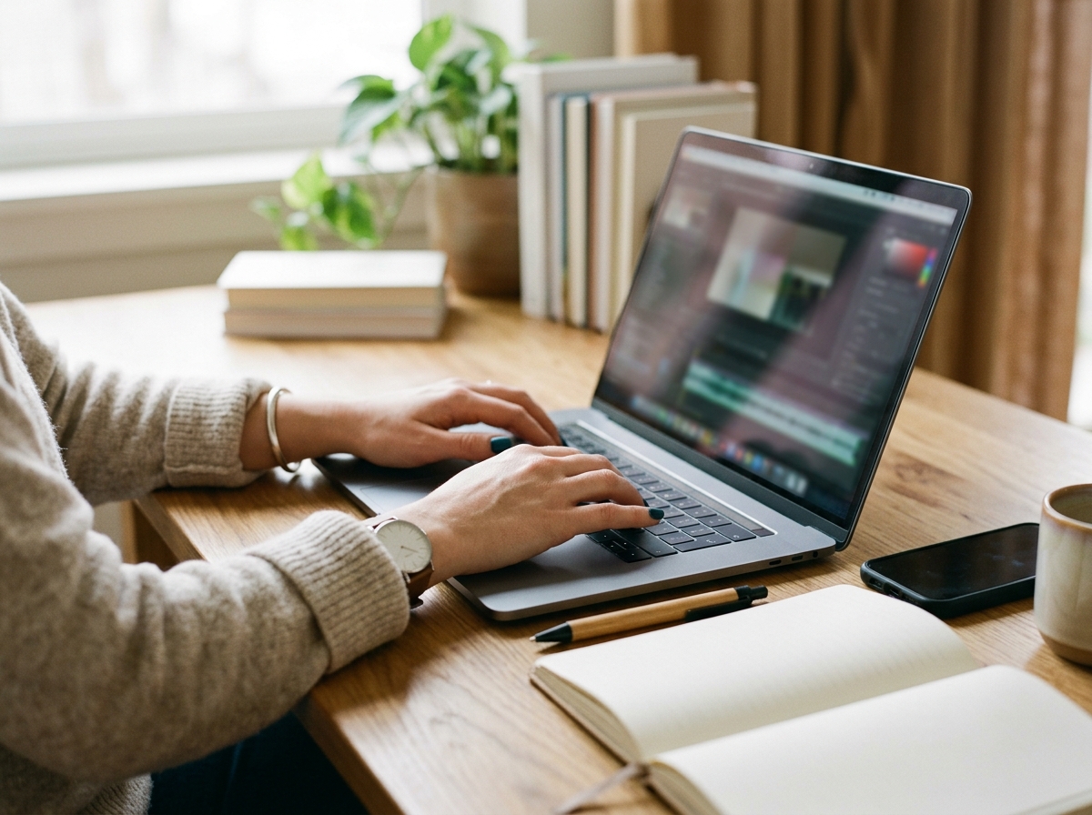 Content creator's hands typing on laptop keyboard beside notebook and smartphone on desk