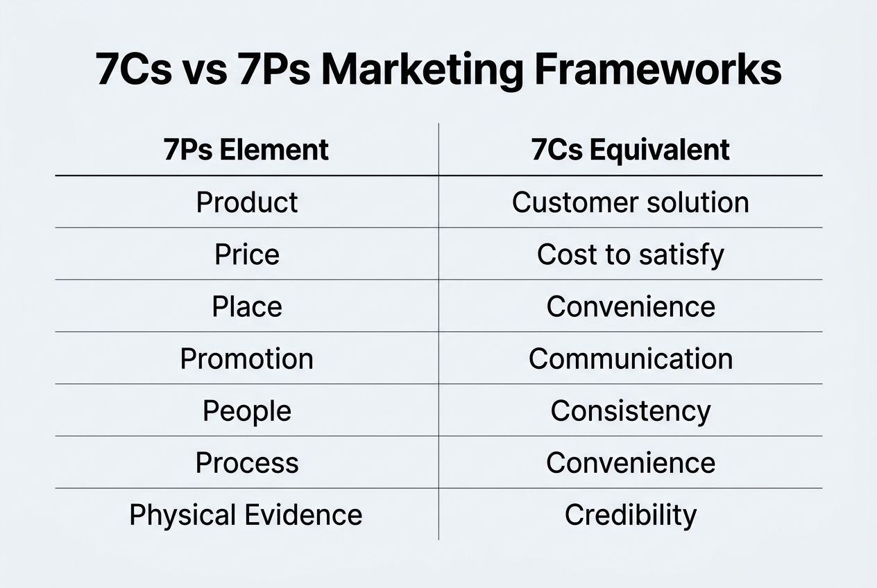 Infographic: Comparison table titled 7Cs vs 7Ps Marketing Frameworks