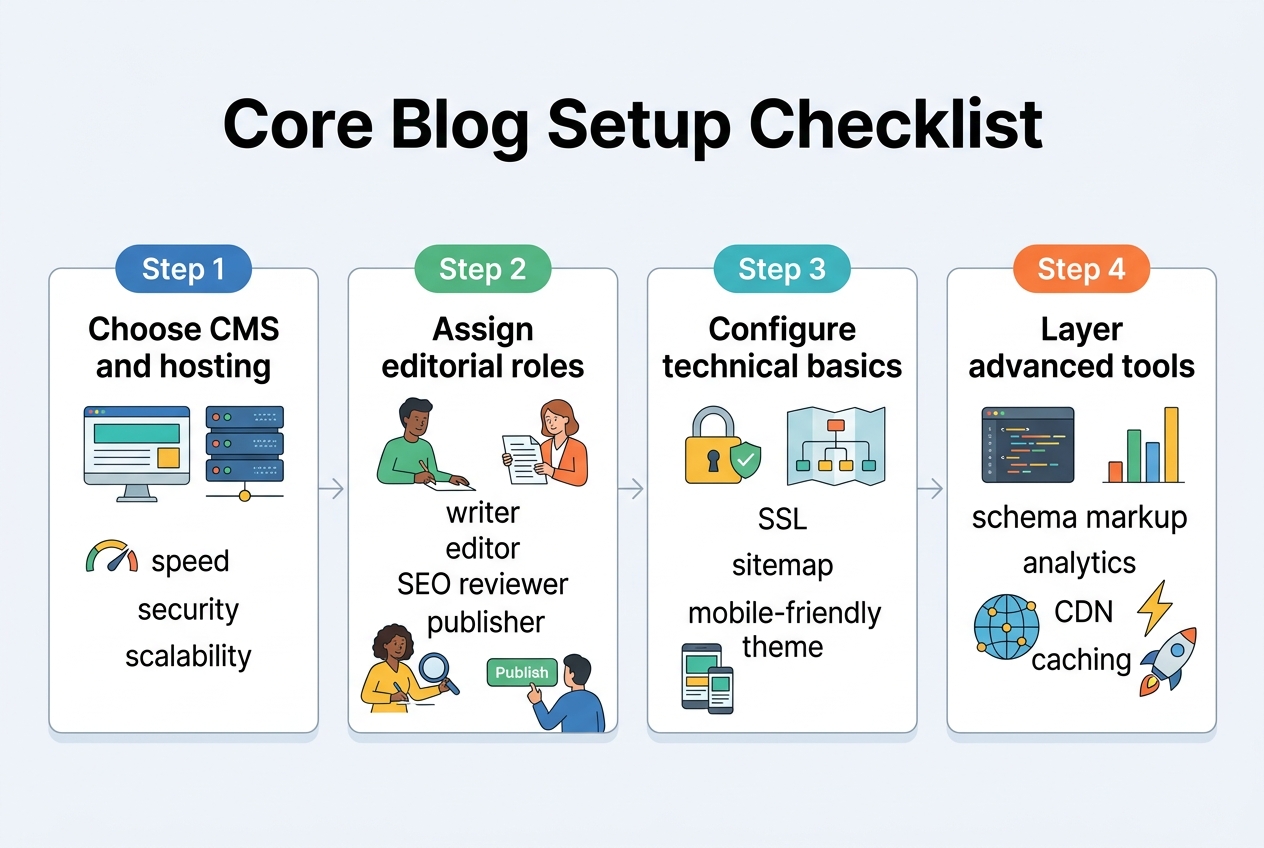 Infographic: A 4-step process flow titled 'Core Blog Setup Checklist'