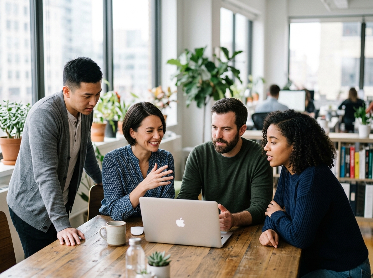 Small editorial team gathered around a laptop discussing content strategy in bright office