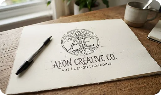 Logótipo desenhado à mão numa folha de papel, ao lado de uma caneta preta.
