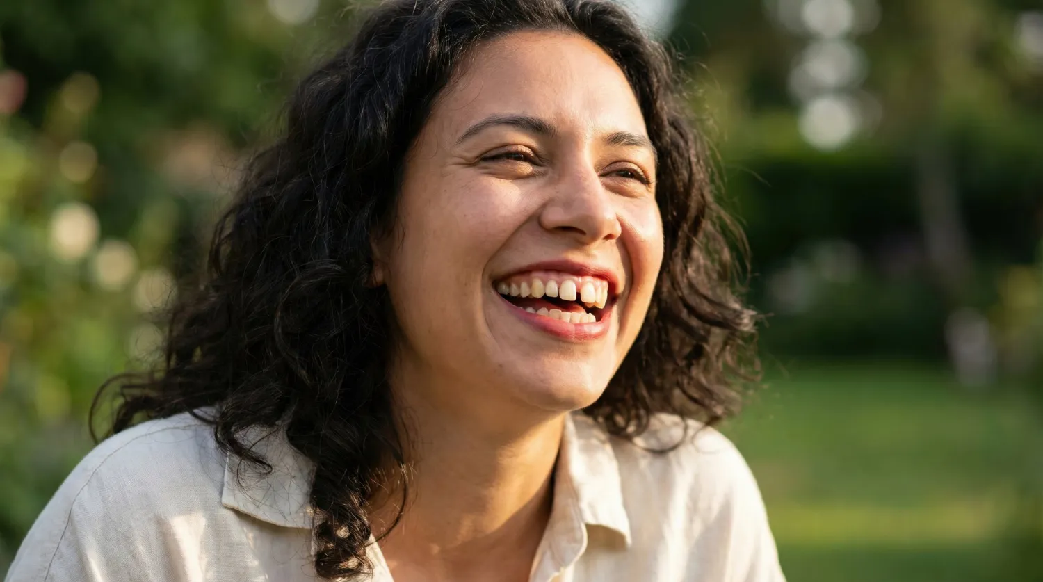 Mulher de cabelo escuro e encaracolado, a sorrir ao ar livre.