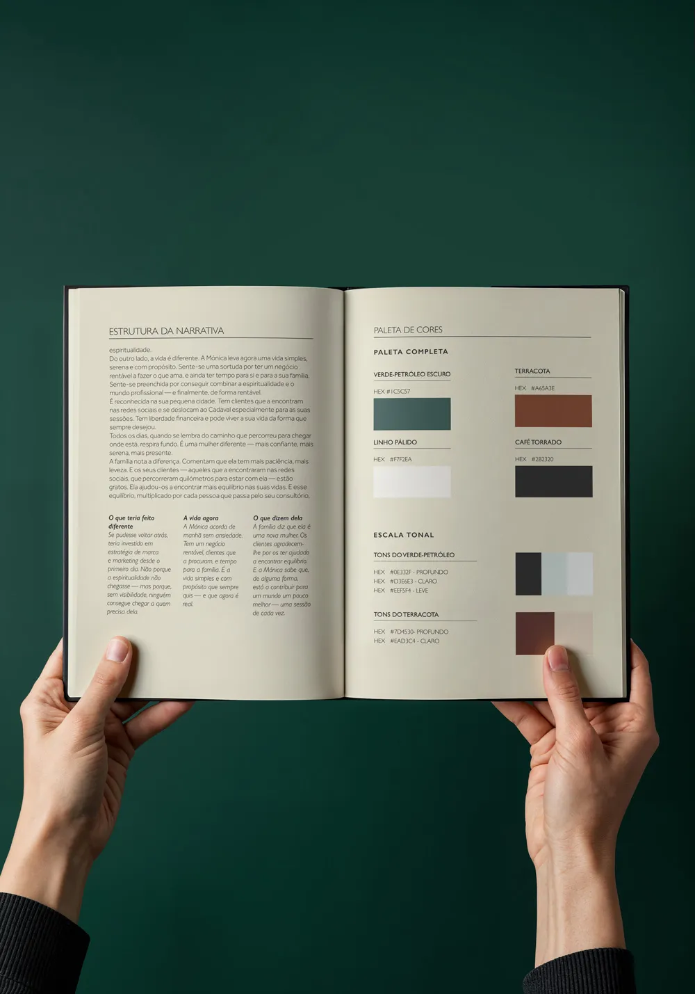 Mãos a segurar livro aberto sobre um fundo verde petróleo, onde se lêem os títulos estrutura da narrativa e paleta de cores.