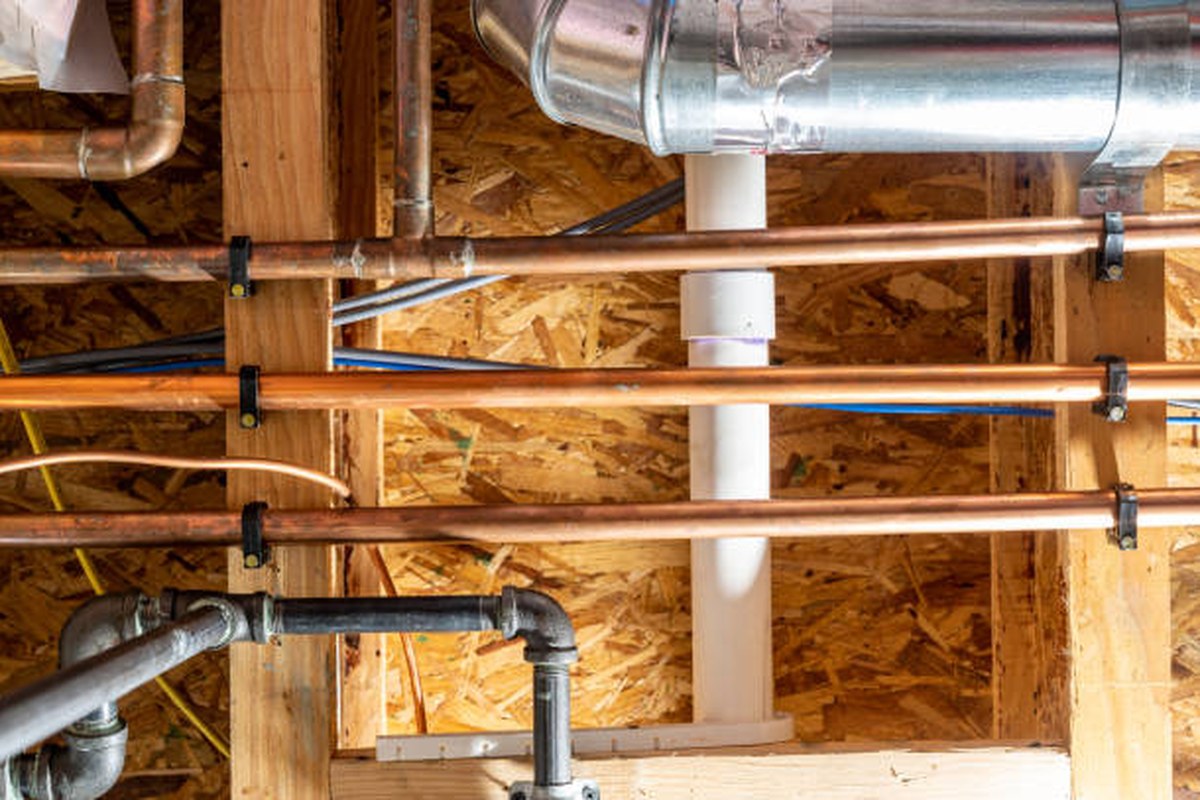 Copper and gas pipe rough-in inside a wall cavity