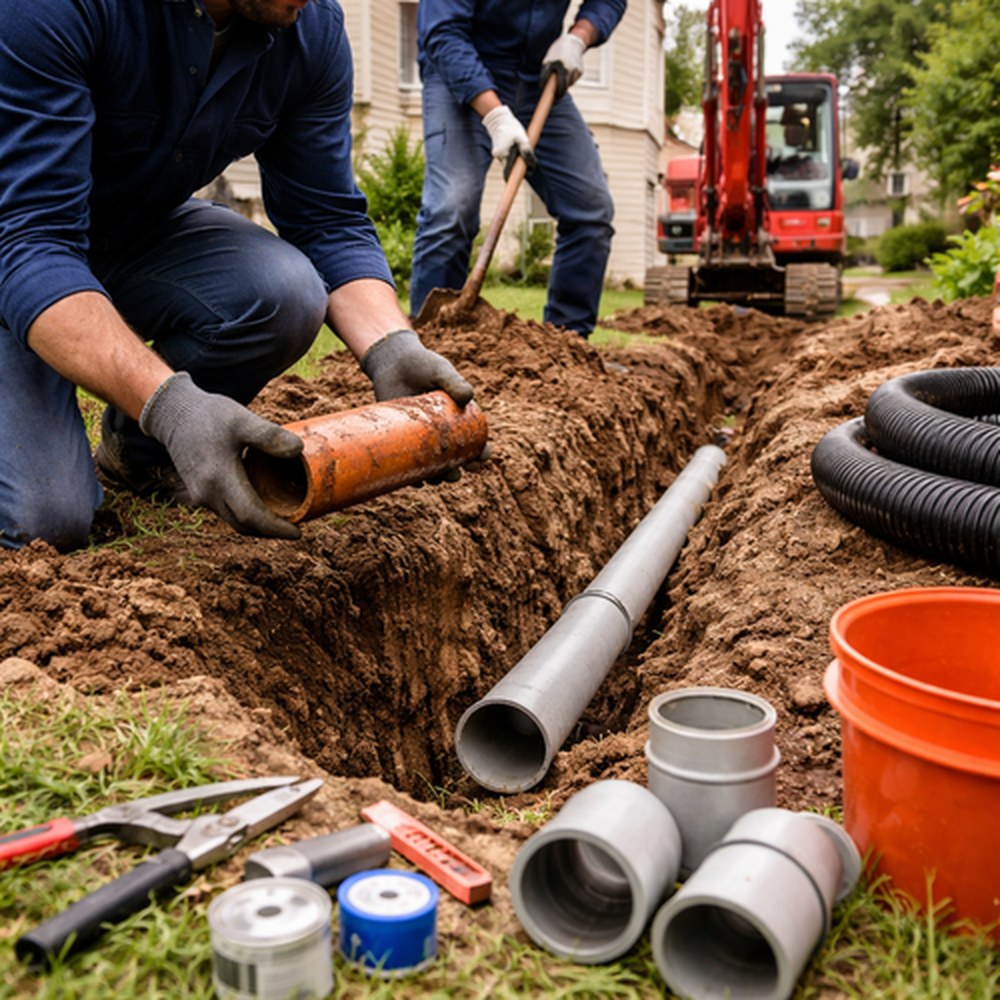 Crew installing drainage and pump lines at a Coon Rapids home