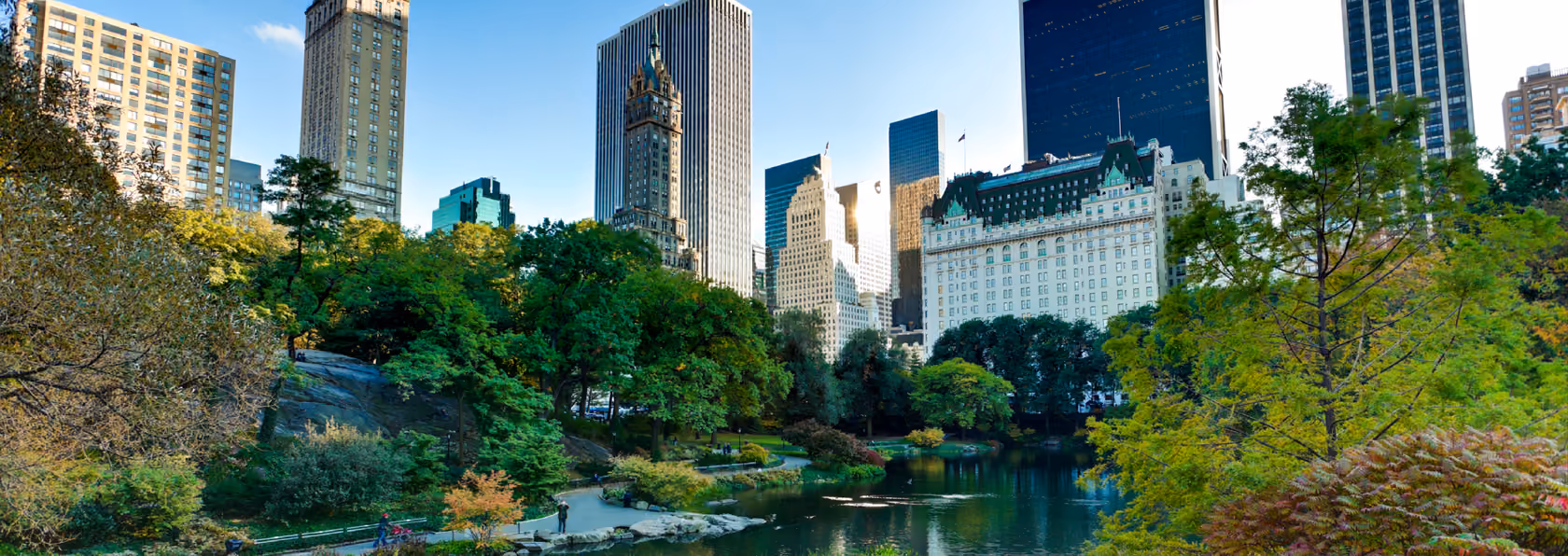 Central Park pond with lush green trees and Manhattan skyscrapers in the background during daytime.