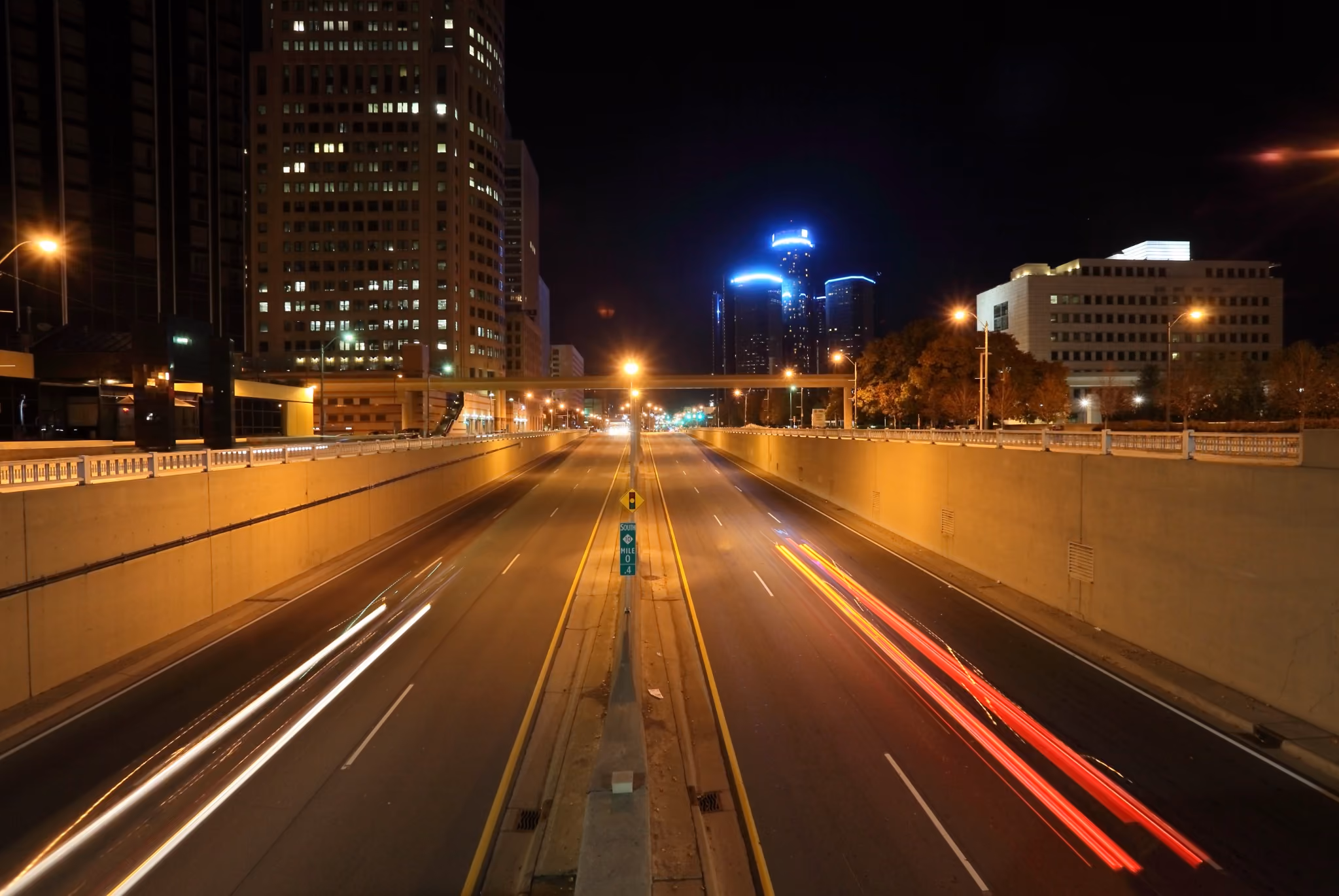 Nighttime Detroit architecture and light trails photographed by Doug Fullerton