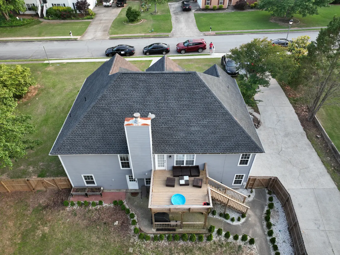 A completed residential roof replacement in Buford, Georgia, by Douglas Construction, a trusted residential roofing contractor. The home features a durable, high-quality roof with expertly installed shingles.