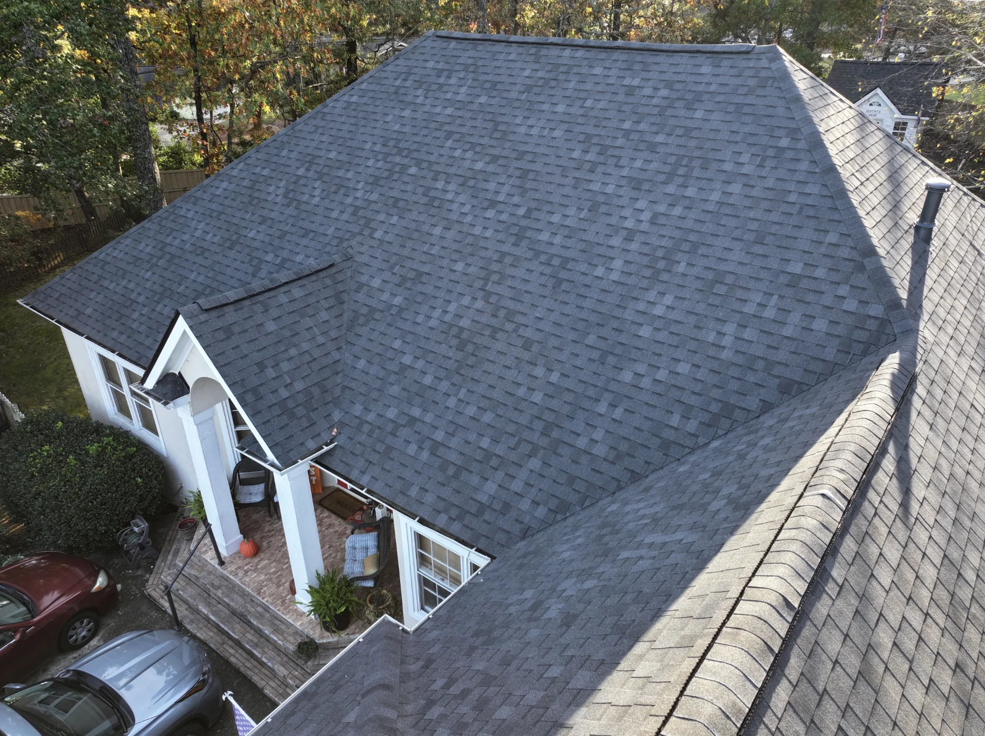 A newly completed residential roof replacement in Lawrenceville, Georgia, by Douglas Construction, a trusted residential roofing contractor. The home features a durable, high-quality roof with expertly installed shingles.