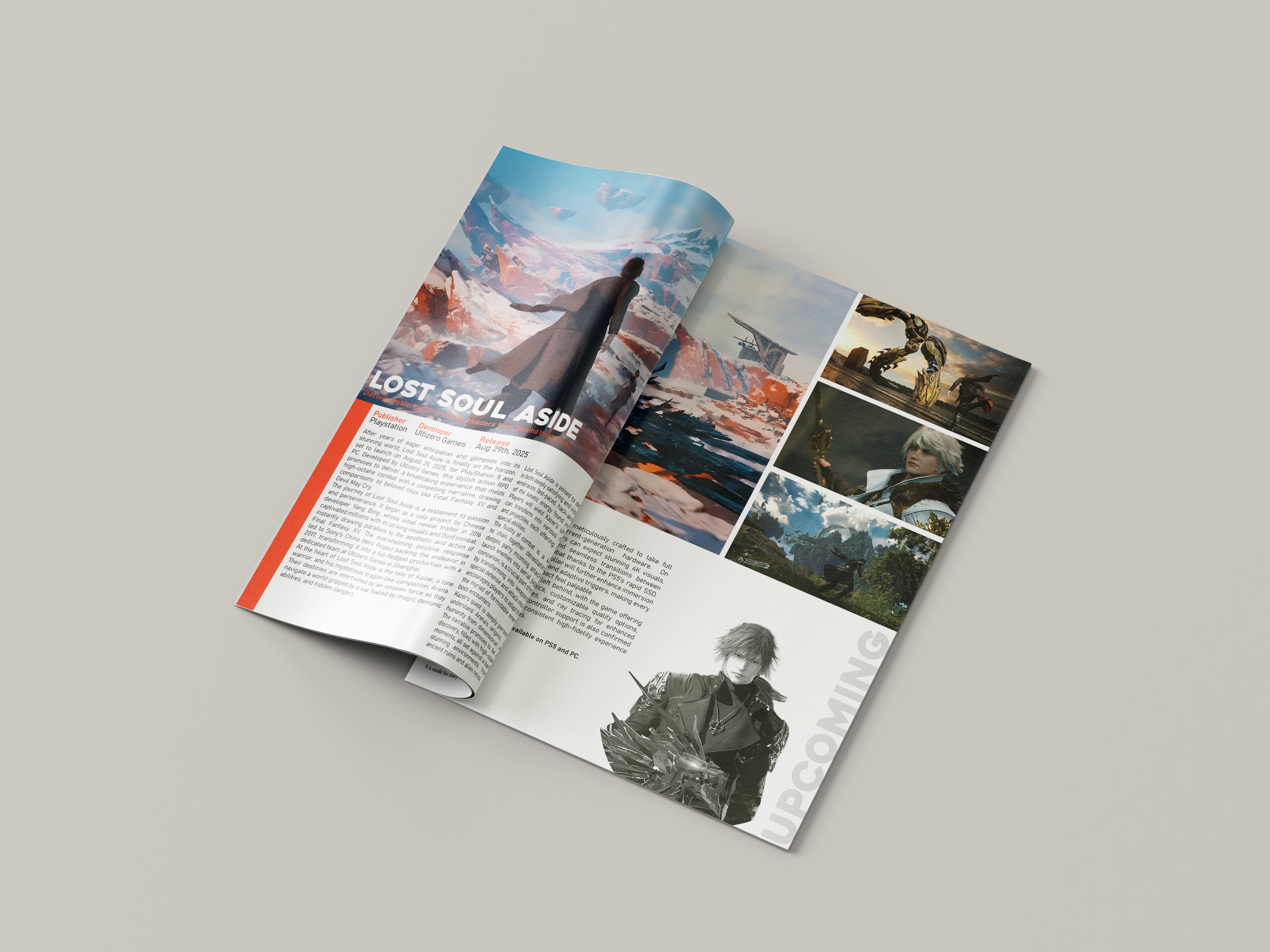 A render of a magazine design folded open to show the first page