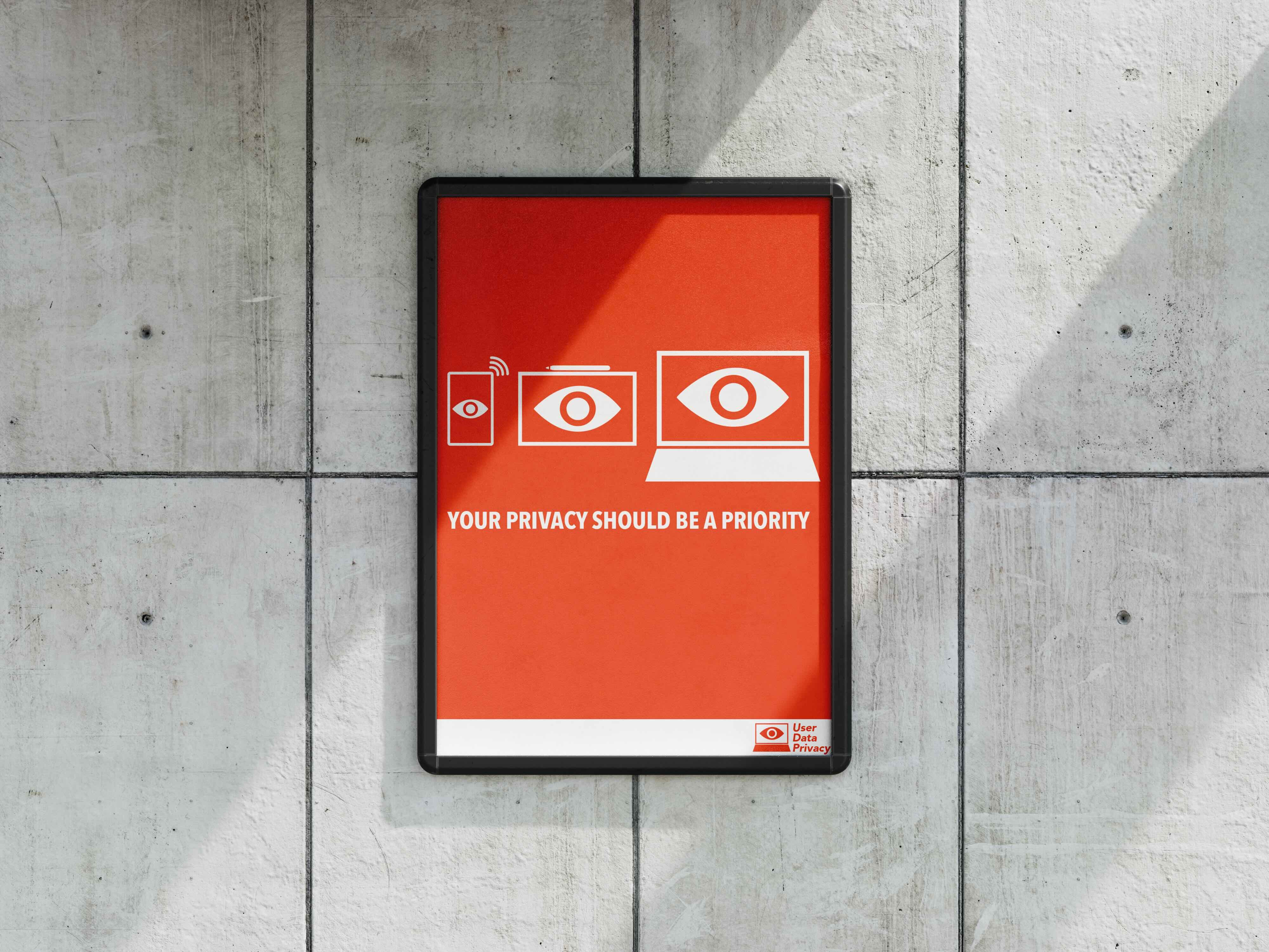 A render of a poster design in bright orange that is teaching about internet privacy