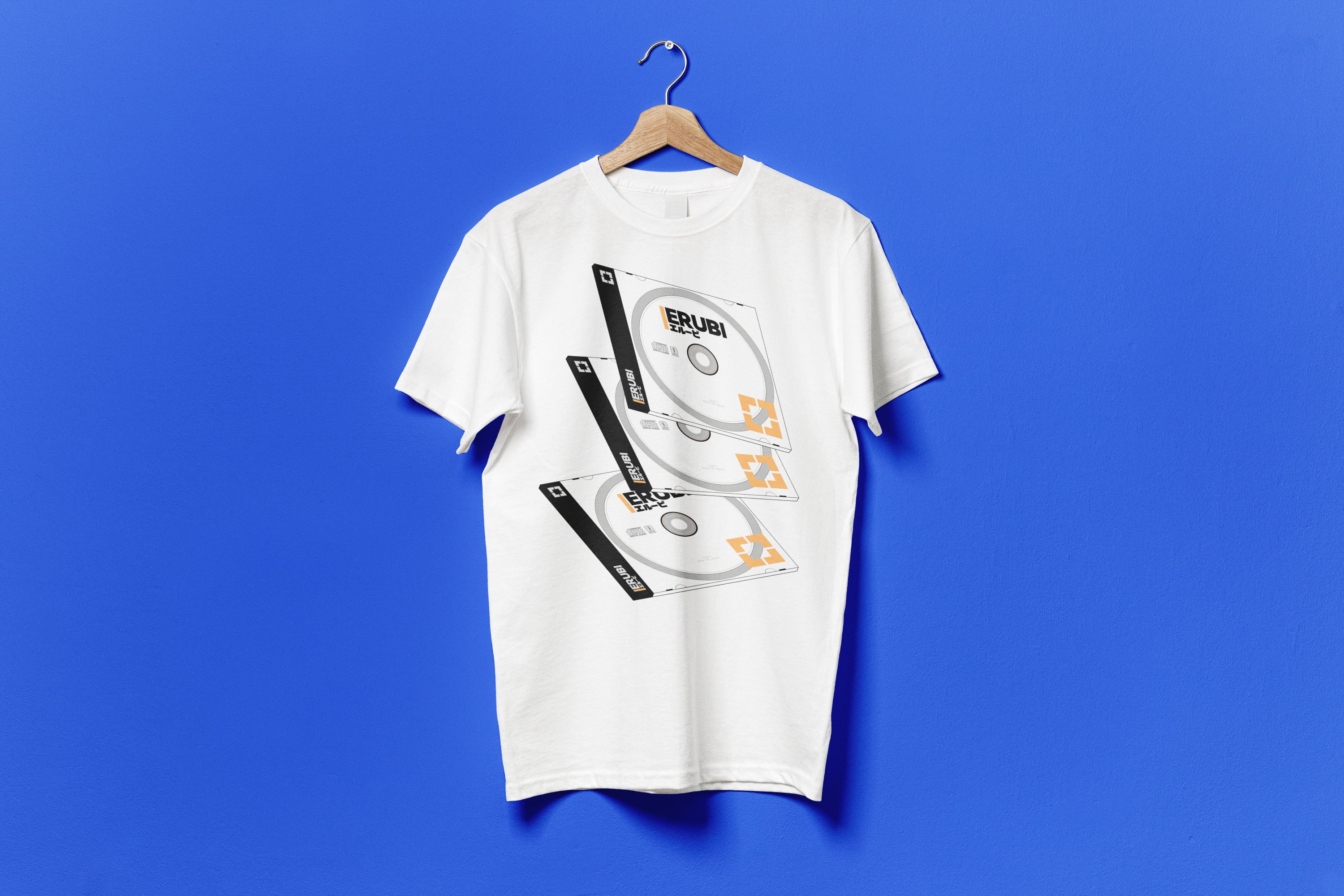 A design render of the back of a T Shirt with artwork of a CD case