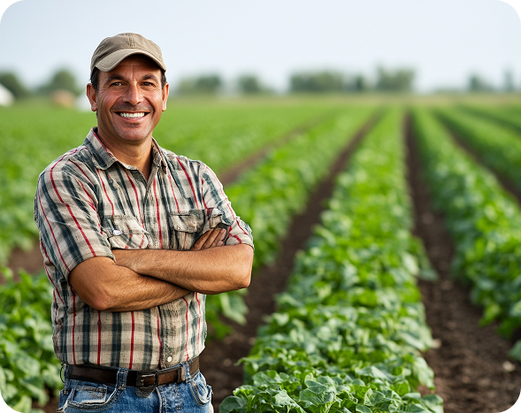 Agricultor sonriente de brazos cruzados frente a un campo de cultivo en hileras