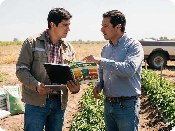 Asesor técnico y productor revisando un catálogo de bioinsumos junto a un cultivo en campo