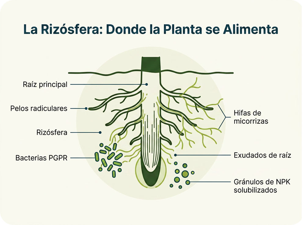Diagrama de la rizósfera: raíz principal, pelos radiculares, hifas de micorrizas, bacterias PGPR, exudados de raíz y gránulos de NPK solubilizados