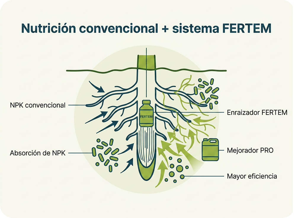 Diagrama de raíz que combina nutrición convencional y sistema FERTEM: NPK convencional, absorción de NPK, Enraizador, Mejorador PRO y mayor eficiencia