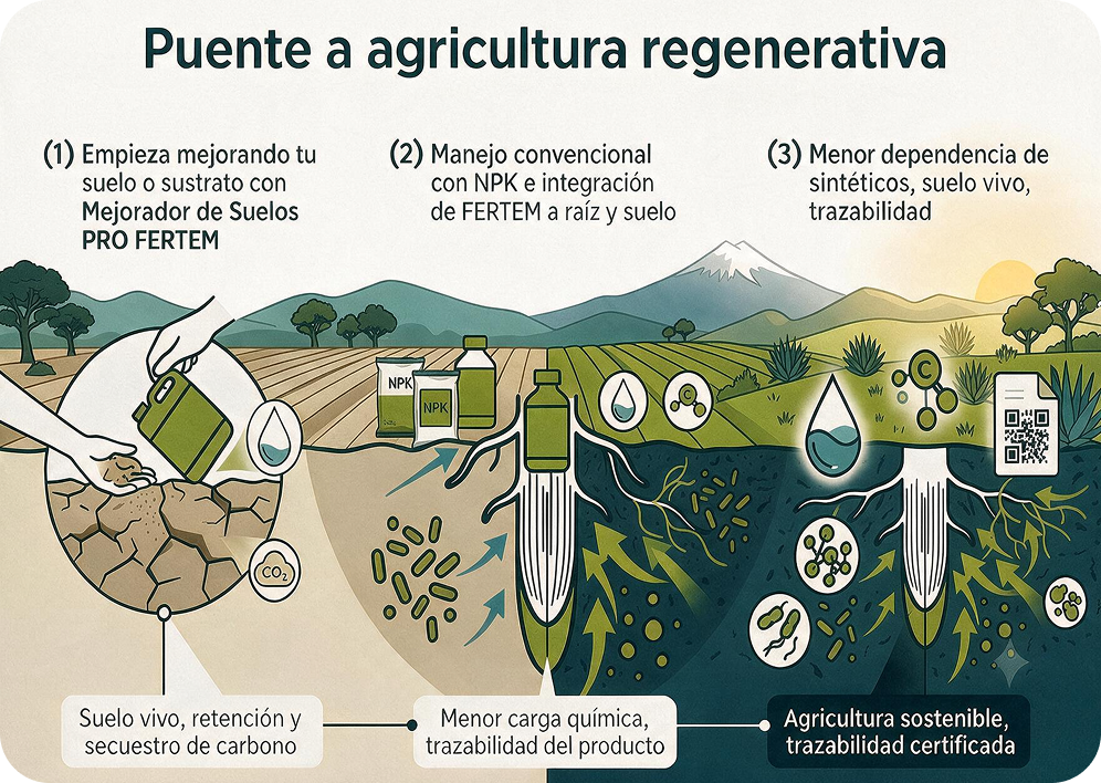 Diagrama en tres etapas del puente hacia la agricultura regenerativa: mejorar el suelo con Mejorador PRO, integrar FERTEM al manejo convencional con NPK, y reducir la dependencia de sintéticos