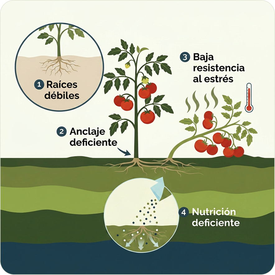 Diagrama de las cuatro consecuencias de una raíz débil en tomate: raíces poco desarrolladas, anclaje deficiente, baja resistencia al estrés y nutrición deficiente
