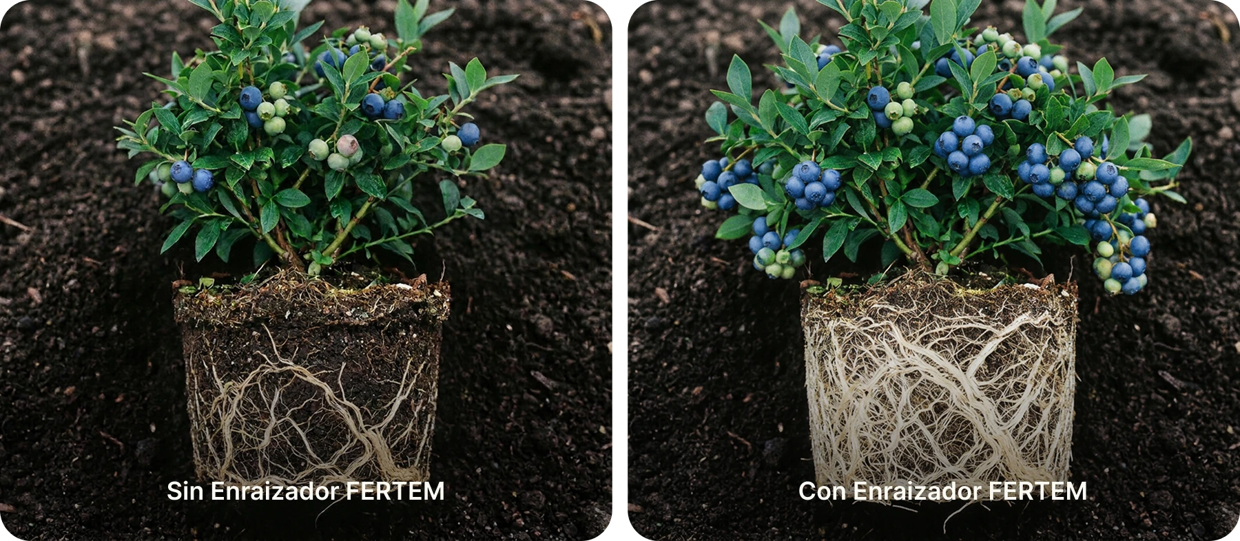 Comparativa de dos plantas de arándano: a la izquierda, sin Enraizador FERTEM, con raíces escasas y menos fruta; a la derecha, con Enraizador FERTEM, con raíces densas y mayor carga de fruto